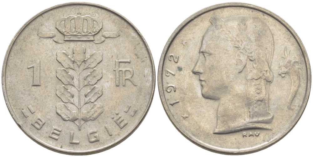 БЕЛЬГИЯ 1 ФРАНК 1972 BELGIE, БОДУЭН I (1951-1993) KM 143.1 медно-никель 119-624