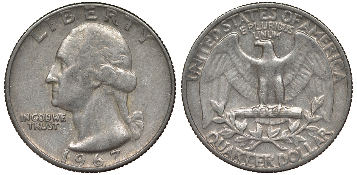 США 25 центов (квотер) 1967 Вашингтон KM 164а медь плакированная медно-никелем 4128-626