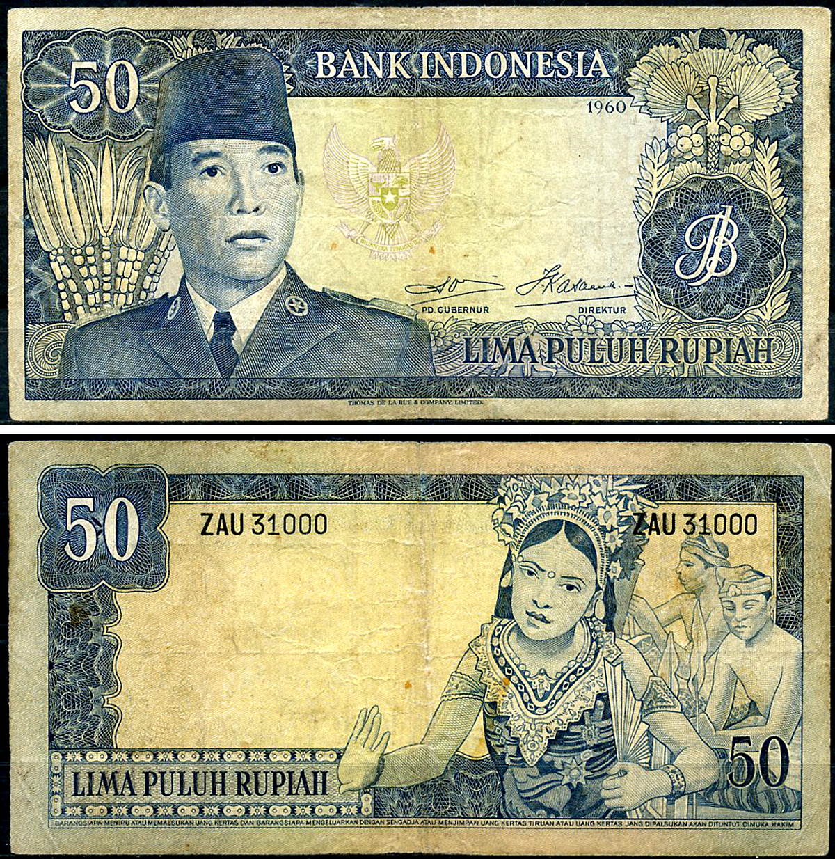 Индонезия 50 рупий 1960 Ахмед Сукарно, танцовщица, Pertjetakan Kebajoran Pick 85 b  бумага   444-51-1-2