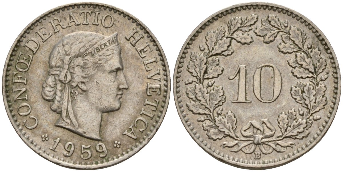 Швейцария 10 раппенов 1959 B KM 27 медно-никель 4189-354