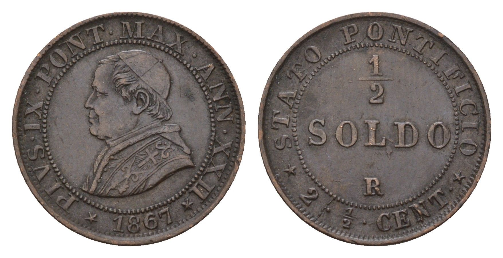 Папская Область 1/2 сольдо 1867 R, Пий IX (1846-1878) KM 1371 медь 441-1315