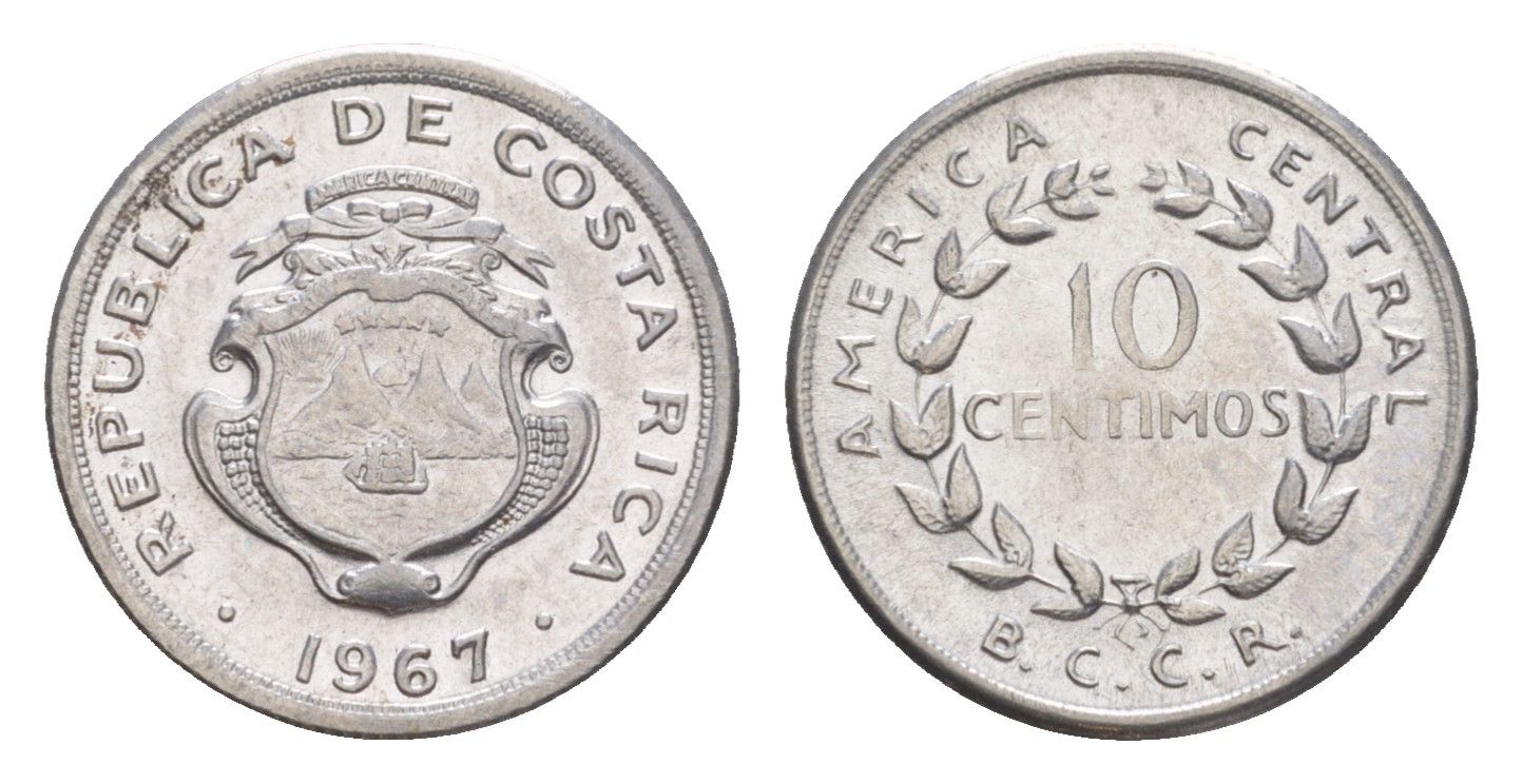 Коста-Рика 10 сентимо 1967 KM 185.1a нержавеющая сталь UNC 4644-336