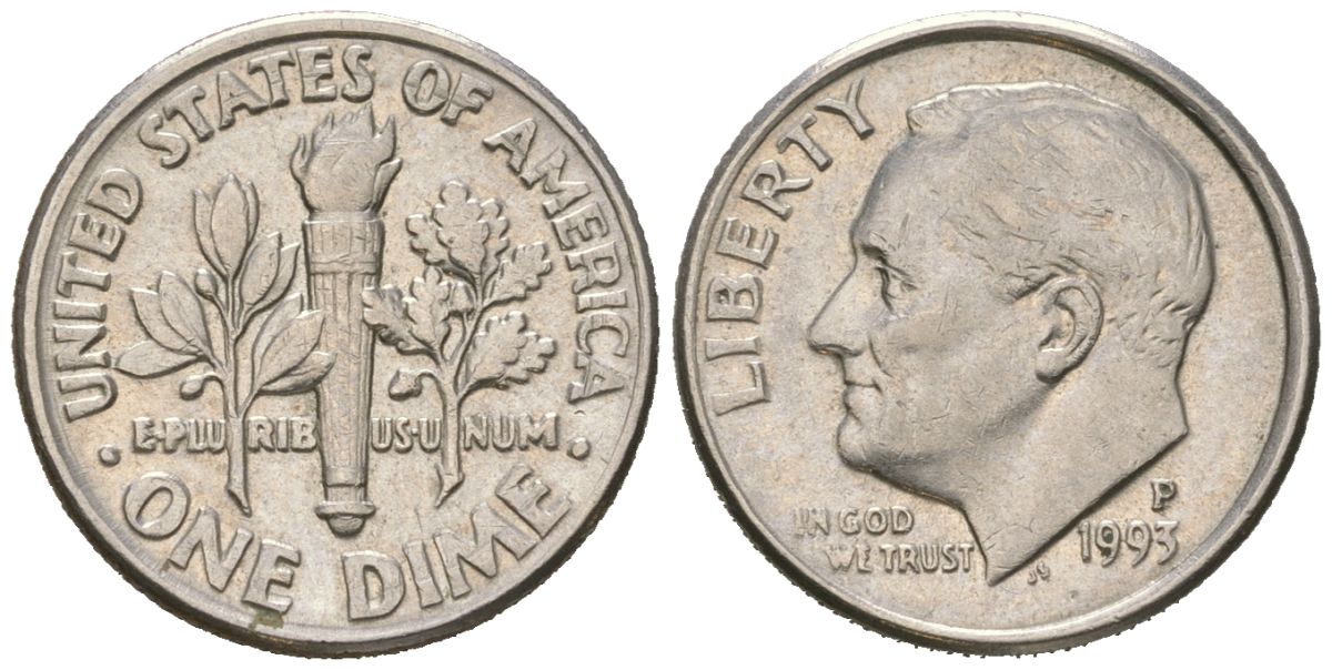 США 10 центов (дайм) 1993 P, президент Рузвельт KM 195a медь плакированная медно-никелем UNC 218-152