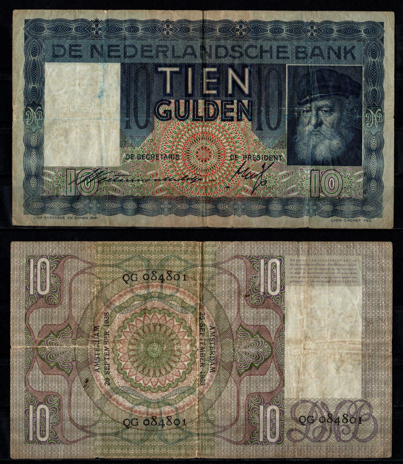 Нидерланды 10 гульденов 1938 Pick 49 бумага 8592-24-2-1