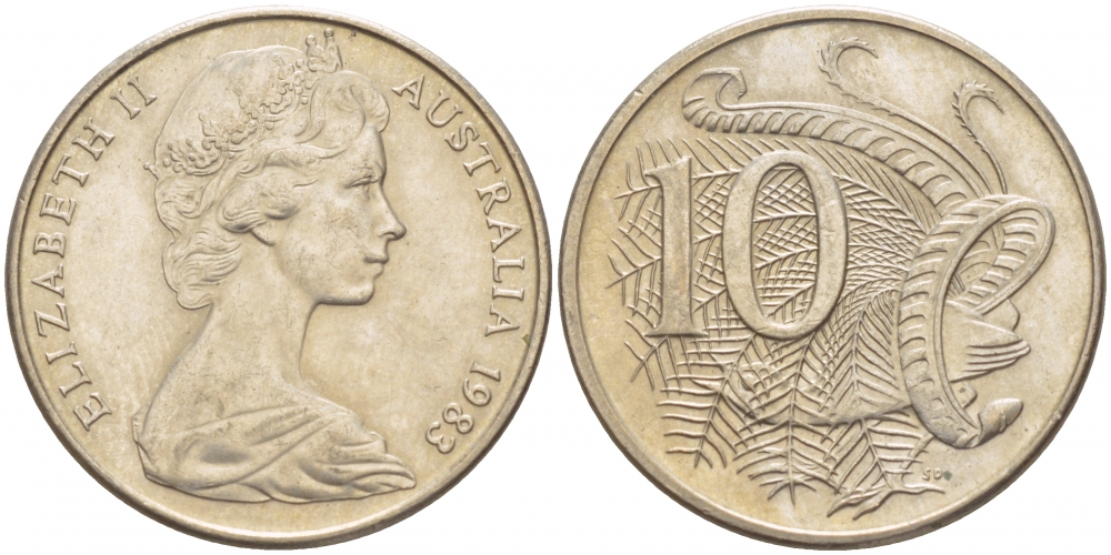Австралия 10 центов 1983 Елизавета II (1952-), птица лирахвост KM 65 медно-никель UNC 4539-1122