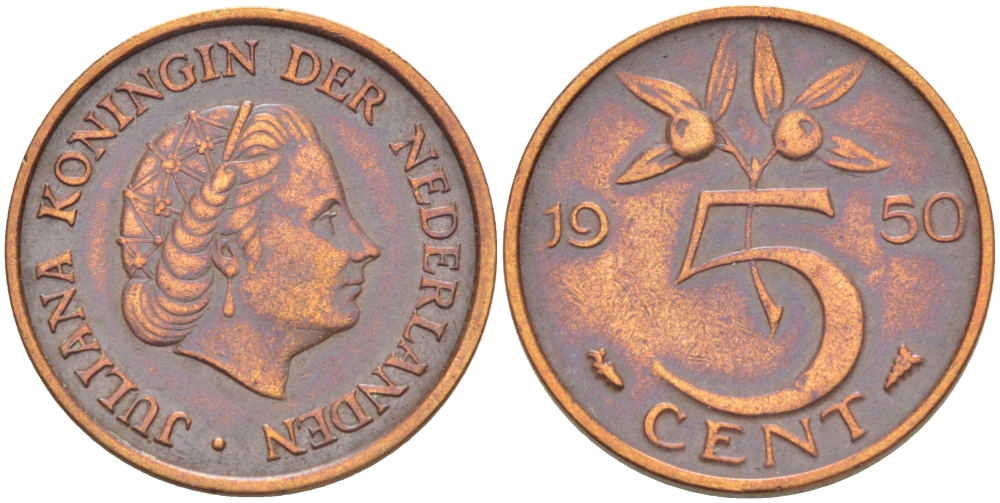 НИДЕРЛАНДЫ 5 ЦЕНТОВ 1950 ЮЛИАНА KM 181 бронза 3718-161
