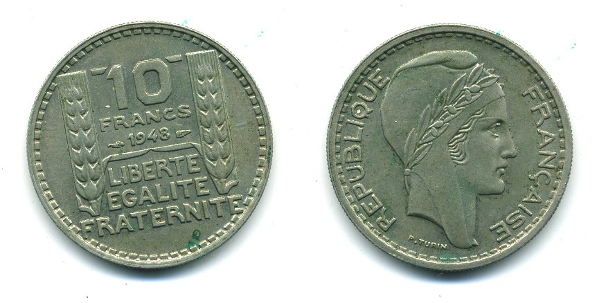 Франция 10 франков 1948 тип Пьер Турин KM 909.1, Le Franc 362.3 медно-никель 84-721