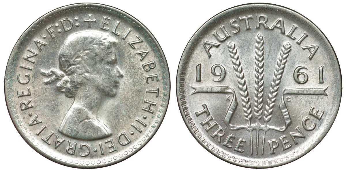 Австралия 3 пенса 1961 m, Елизавета II (1952-2022) KM 57 серебро 71-723
