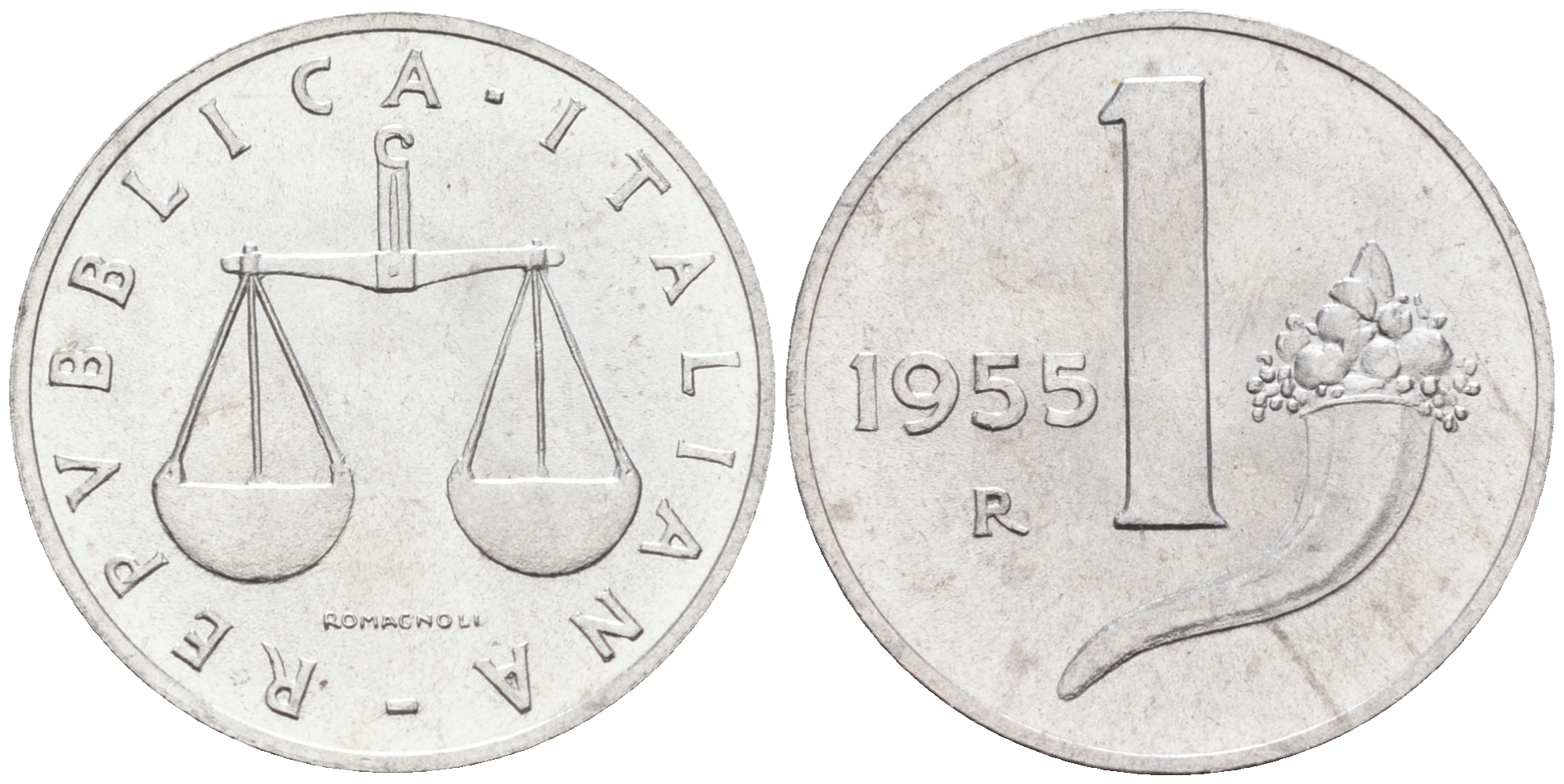 Италия 1 лира 1955 R, весы KM 91 алюминий  UNC  4594-717