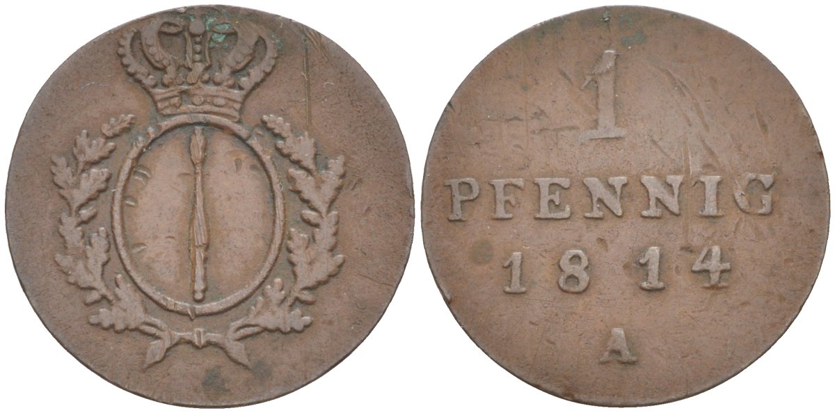 Бранденбург-Пруссия 1 пфенниг 1814 A, Фридрих Вильгельм III (1797-1840) Olding 133, Jager 4, AKS 40. медь 4388-1114