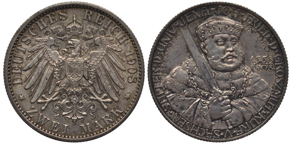 Саксен-Веймар-Эйзенах 2 марки 1908 А, 350 лет университету в Йене Weege 156, J.160, KM 174 серебро 00-817-06