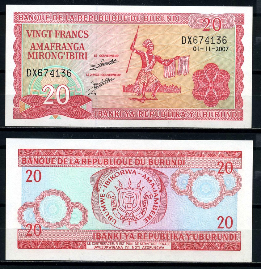 Бурунди 20 франков 2007 1 ноября 2007 Pick 27 d бумага UNC (пресс) 6317-25-1-2