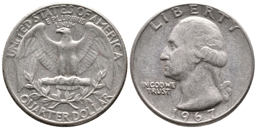 США 25 центов (квотер) 1967 Вашингтон KM 164а медь плакированная медно-никелем 4364-435