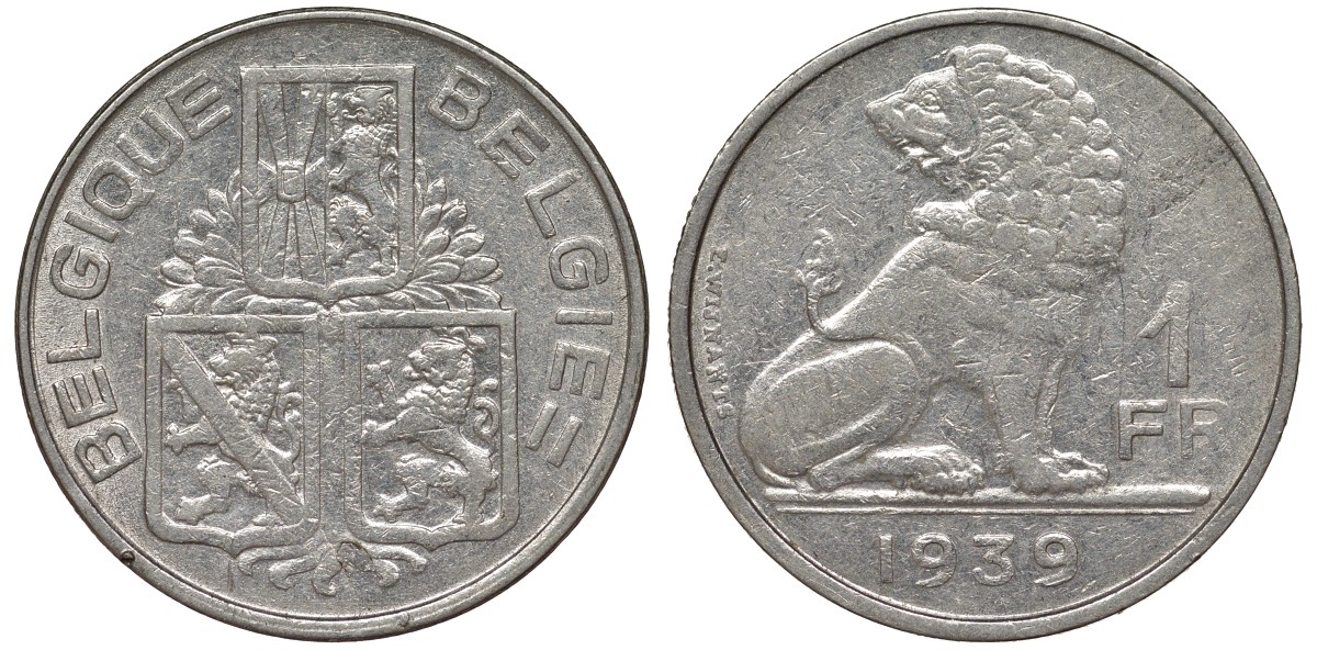 Бельгия 1 франк 1939 Леопольд III (1934-1950), Belgique-Belgie, лев KM 119 никель 4163-212