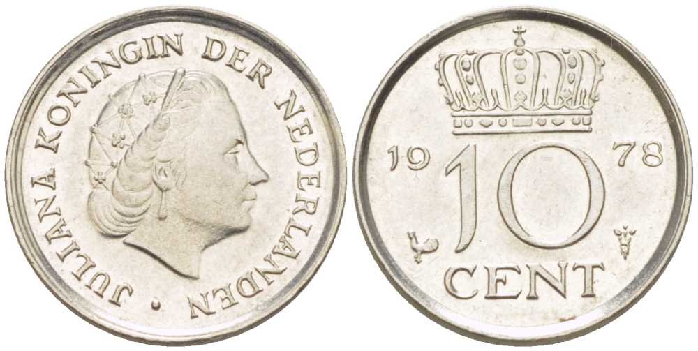 Нидерланды 10 центов 1978 Юлиана (1948-1980) КМ 182 никель 211-1234