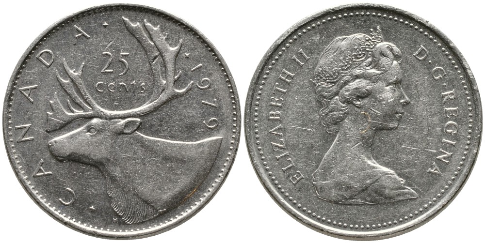 КАНАДА 25 ЦЕНТОВ 1979 ЕЛИЗАВЕТА II (1952-), ОЛЕНЬ, ВТОРОЙ ПОРТРЕТ В КОРОНЕ KM 74 никель 4543-743