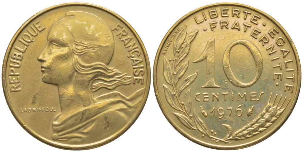 ФРАНЦИЯ 10 САНТИМОВ 1976 ТИП MARIANNE KM 929, LE FRANC 144.16 алюминиевая бронза 112-358
