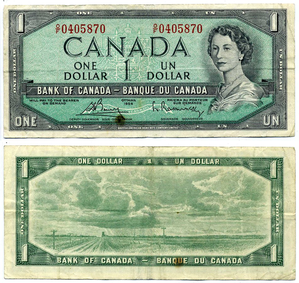 Канада 1 доллар 1954 подписи Bouey & Rasminsky, BABNC Pick 75c бумага 8603-35-3-1