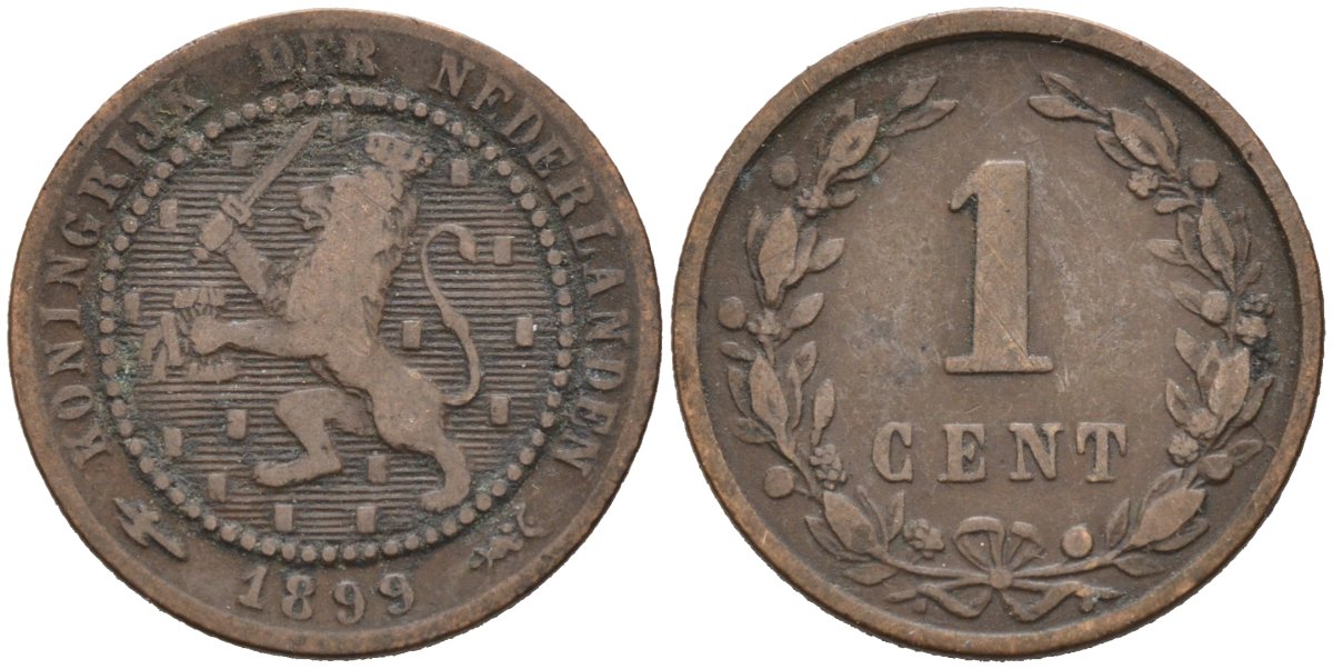 Нидерланды 1 цент 1899 Вильгельмина (1890-1948) KM 107 бронза 4576-632