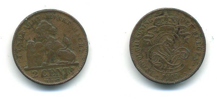 БЕЛЬГИЯ 2 САНТИМА 1905 BELGEN KM 36 медь 84-226
