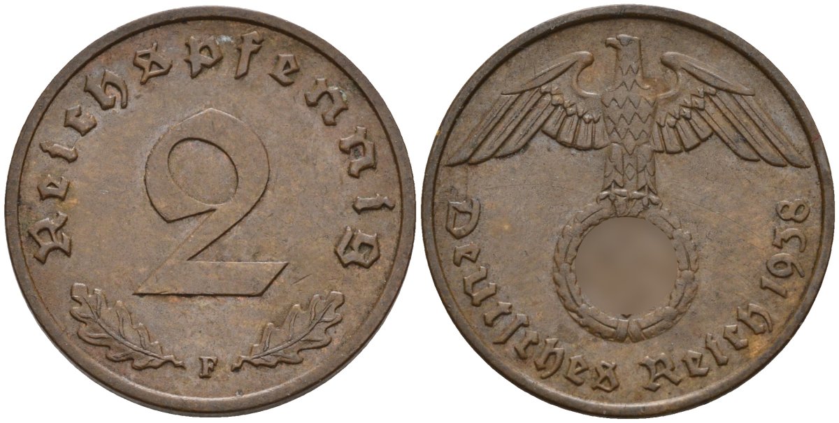Германия 2 рейхспфеннига 1938 F KM 90, J. 362 бронза 4151-116