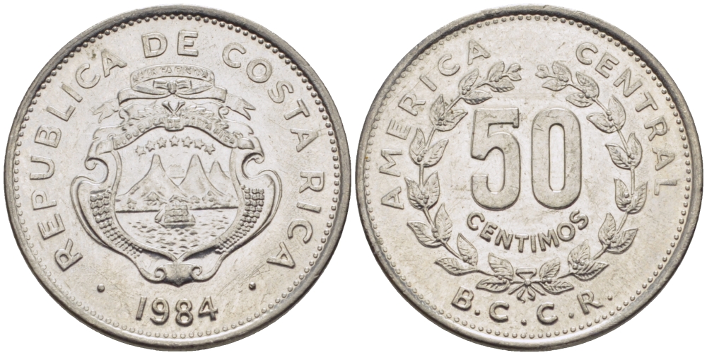 КОСТА-РИКА 50 СЕНТИМО 1984 В.С.С.R. KM 209.2 нержавеющая сталь 66-944