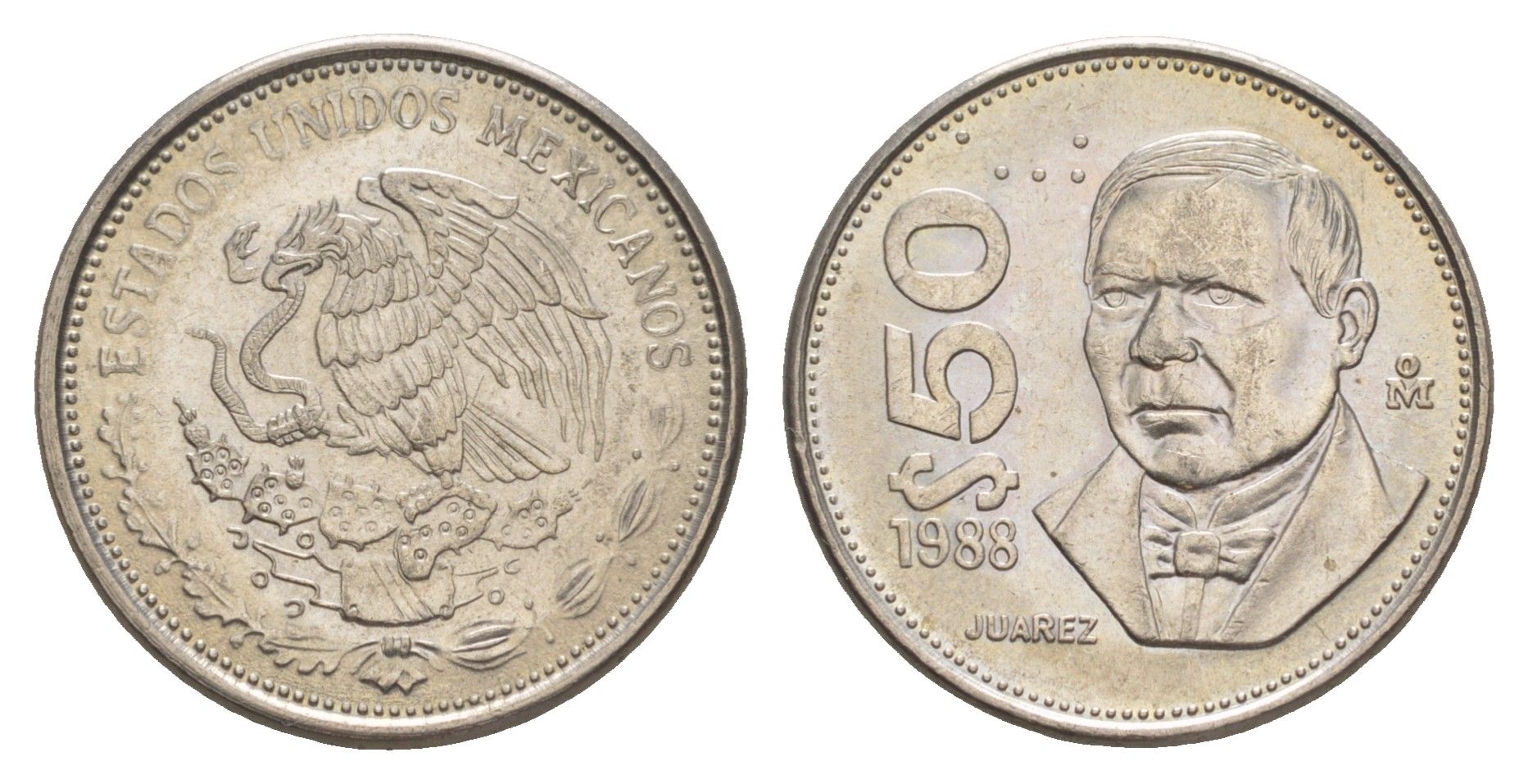 Мексика 50 песо 1988 Mo, старый тип, гурт рубчатый KM 495 медно-никель UNC 4637-745