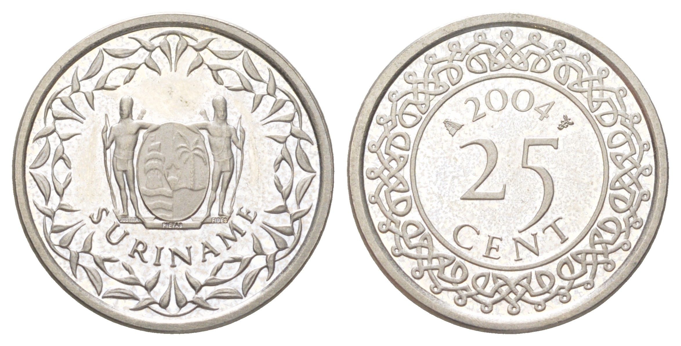 Суринам 25 центов 2004 тираж 4000 экземпляров KM 14a медно-никель BU 4625-347