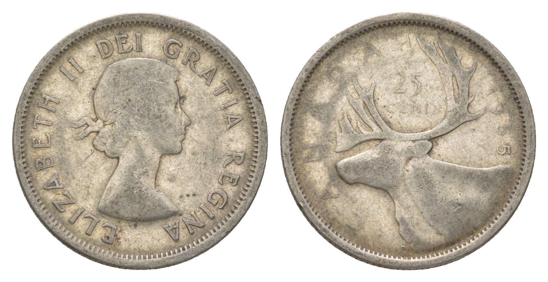 Канада 25 центов 1955 Елизавета II (1952-2022), олень KM 52 серебро 4622-825