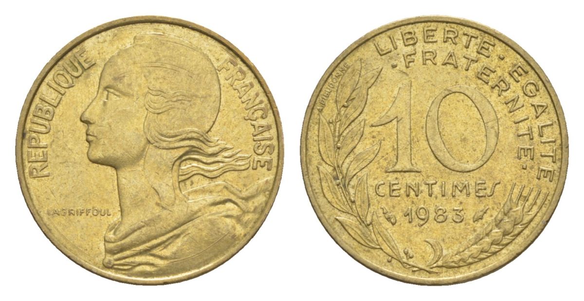 Франция 10 сантимов 1983 тип Morlon KM 929, Le Franc 144.23 алюминиевая бронза aUNC 4630-359