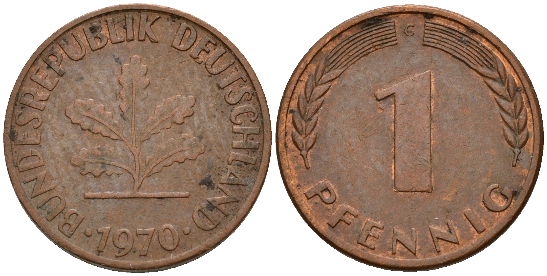 ФРГ 1 пфенниг 1970 G KM 105, J. 380 сталь плакированная медью    4598-448