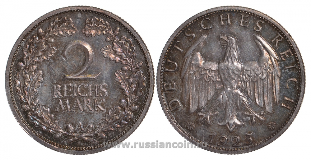 Германия 2 рейхсмарки 1925 A, Веймарская республика, Weege 16, J. 320, KM 45 серебро PROOF 00-804-65