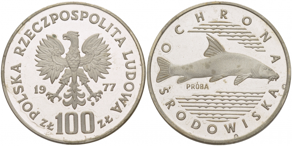 Польша 100 злотых 1977 серия охрана окружающей среды, рыба, пробный выпуск (PROBA) KM Pr305 серебро PROOF 1082-1-13