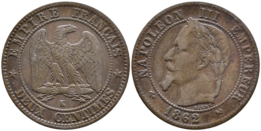 ФРАНЦИЯ 2 САНТИМА 1862 K, НАПОЛЕОН III (1852-1870) KM 796.6 бронза 4392-718