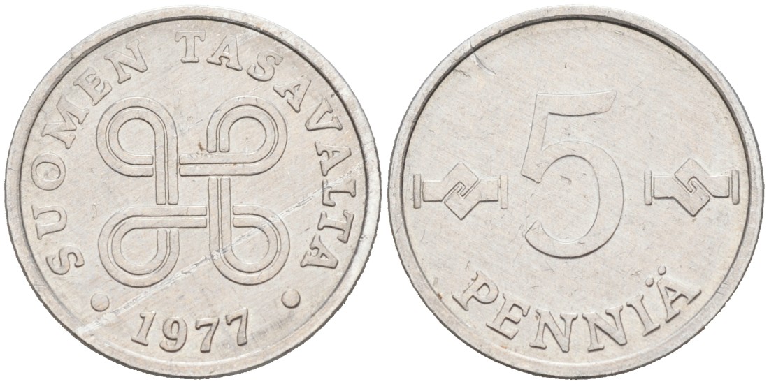 ФИНЛЯНДИЯ 5 ПЕННИ 1977 KM 45а алюминий 192-1221