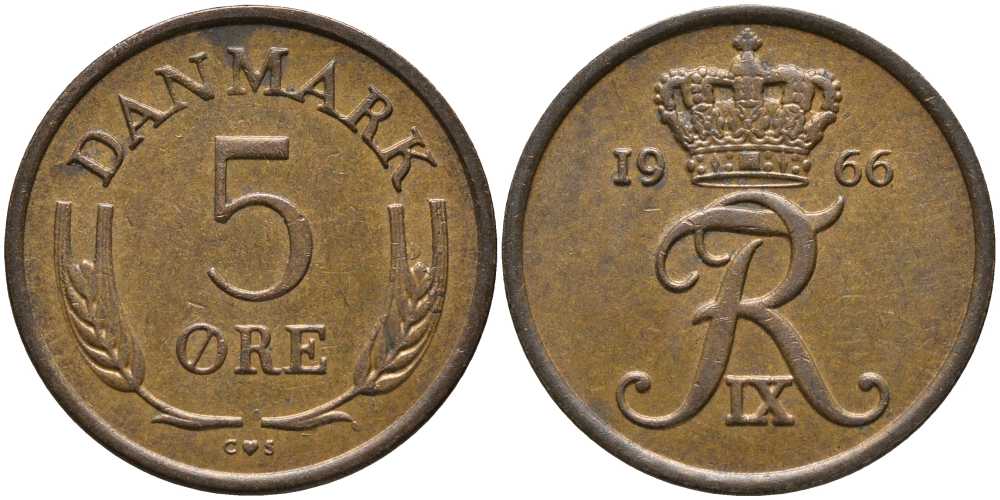 Дания 5 эре 1966 C; S, Фредерик IX (1947-1972) KM 848.1 бронза 175-656