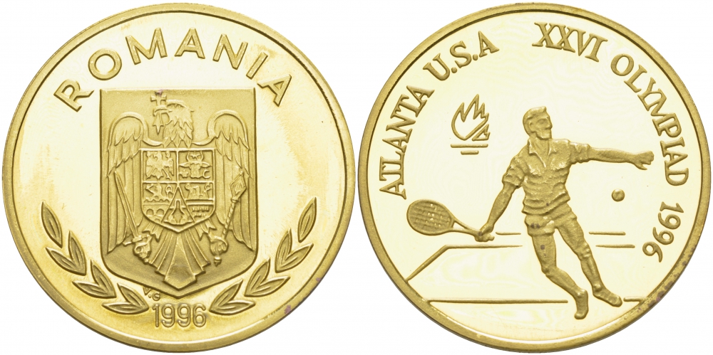 Румыния 100 леев 1996 XXVI Олимпийские игры 1996 года в Атланте, 100 лет Олимпийскому движению, большой теннис, пробный выпуск KM PnD 315.A латунь  PROOF  11-204-42