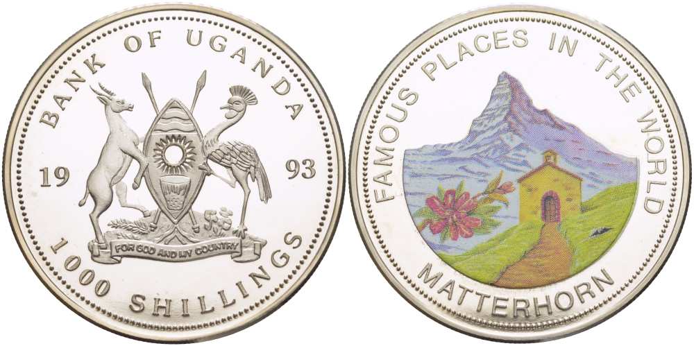Уганда 1000 шиллингов 1993 гора Маттернхорн (Matterhorn), цветная эмаль, тираж 15000 экз. KM 35 медно-никель PROOF 1085-6-54