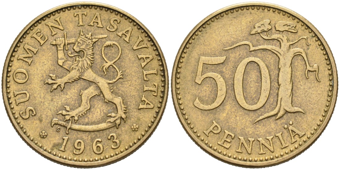 ФИНЛЯНДИЯ 50 ПЕННИ 1963 S KM 48 алюминиевая бронза 4563-413