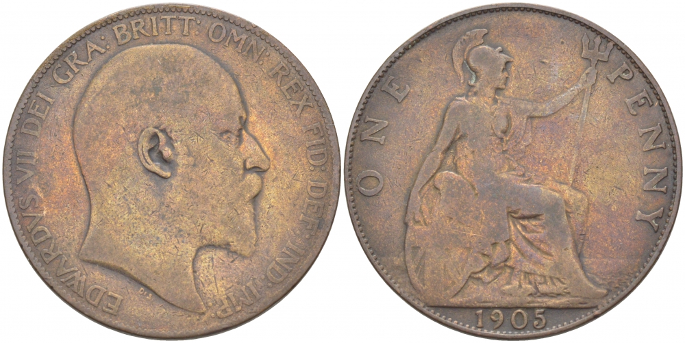 Великобритания 1 пенни 1905 Эдуард VII (1901-1910) KM 794.2, Spink 3990 бронза 215-242