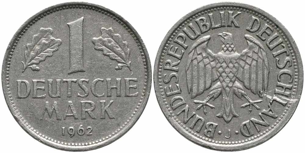 ФРГ 1 МАРКА 1962 J KM 110, J. 385 медно-никель 113-144