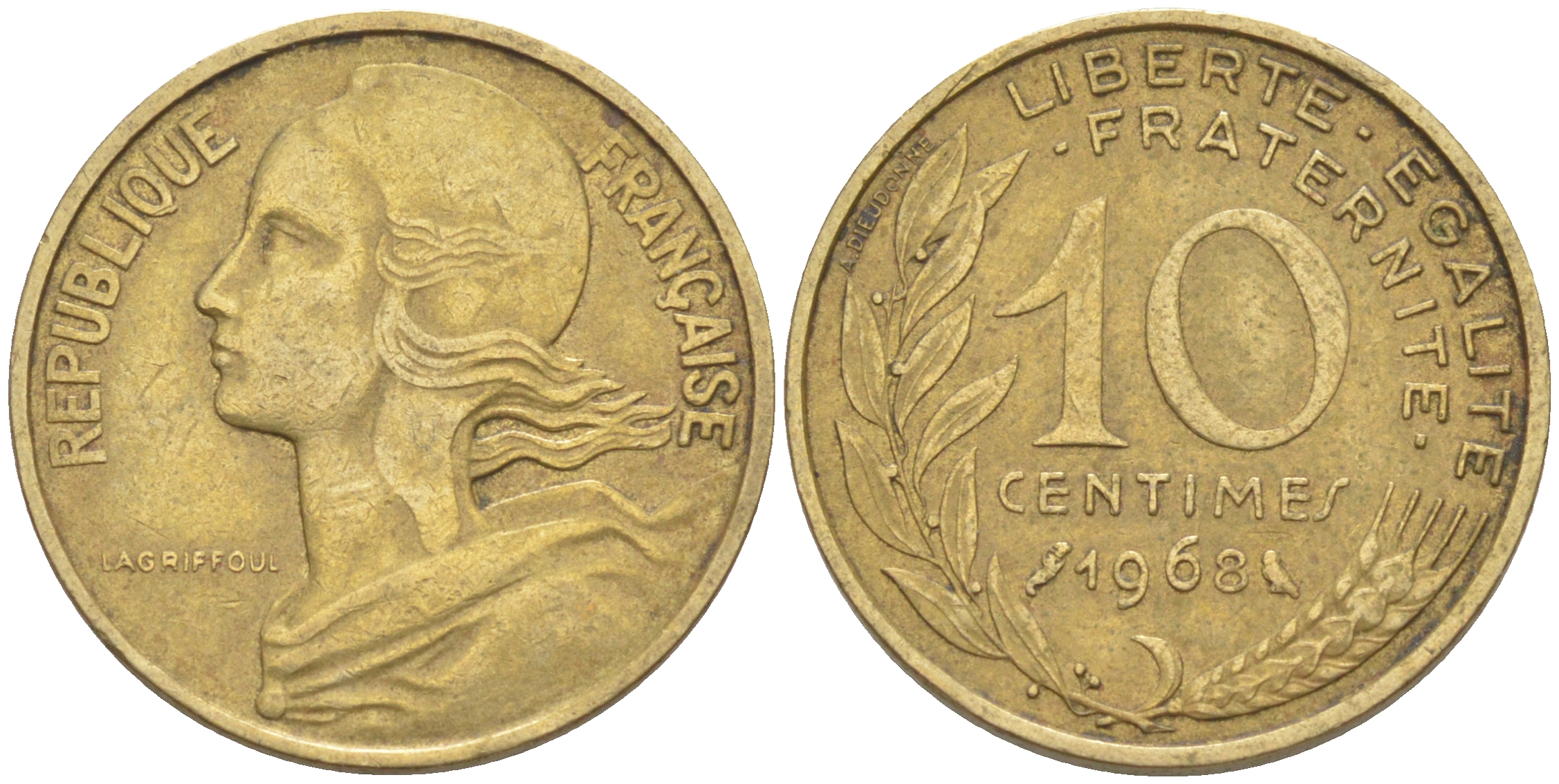Франция 10 сантимов 1968 тип Marianne KM 929, LE FRANC 144.8 медь алюминий никель 4511-851