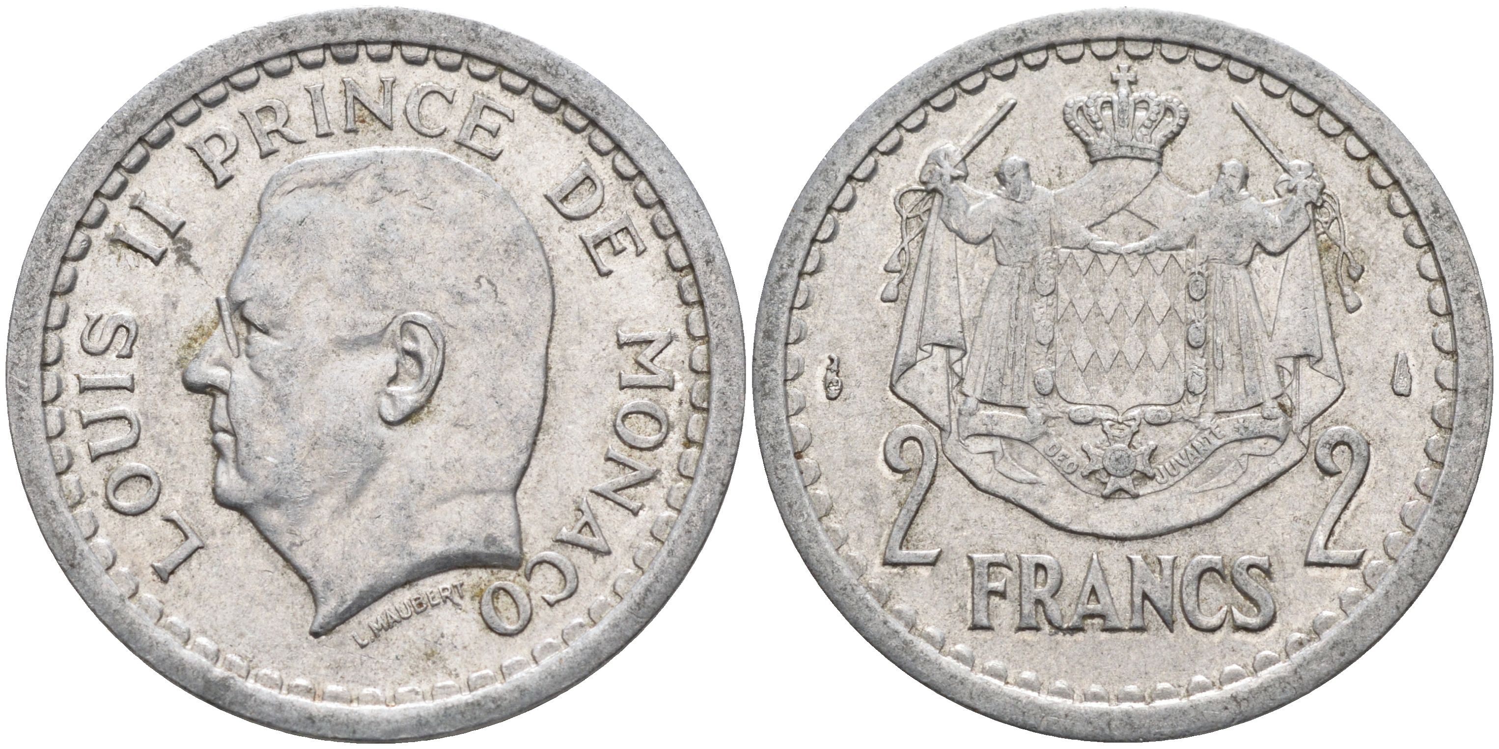 Монако 2 франка 1943 Луи II (1922-1949) KM 121 алюминий    4177-332