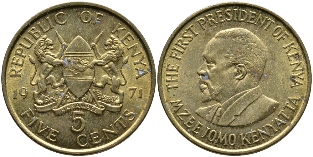 Кения 5 центов 1971 Джомо Кениата KM 10 никель латунь 4529-944