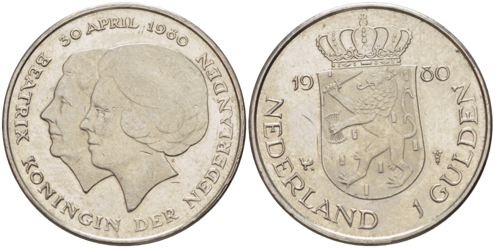 Нидерланды 1 гульден 1980 на коронацию Беатрикс, 30 апреля 1980 KM 200 никель 31-847
