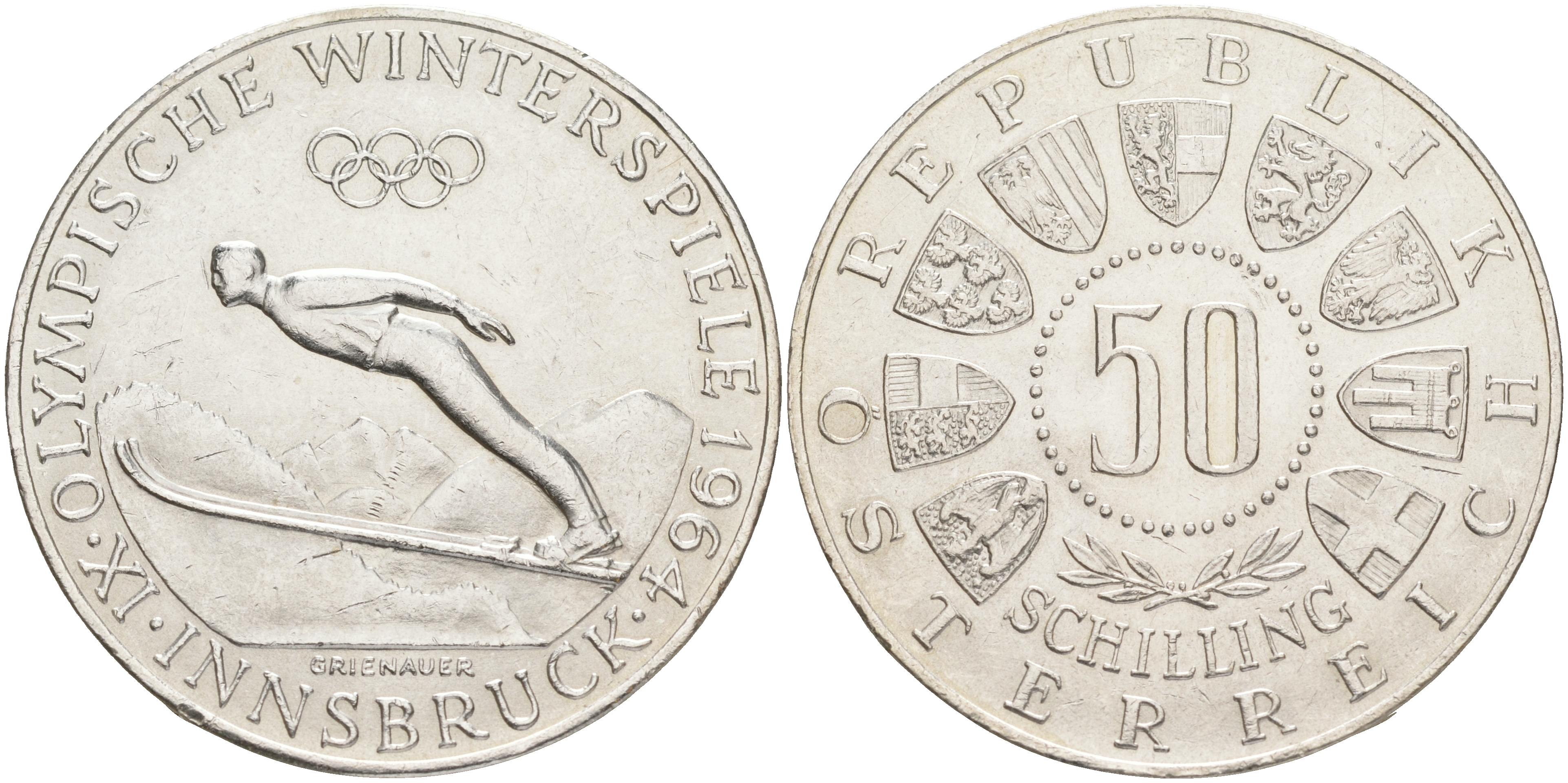 Австрия 50 шиллингов 1964 Зимняя Олимпиада 1964 года в Инсбруке, прыжки с трамплина KM 2896 серебро aUNC 4557-311