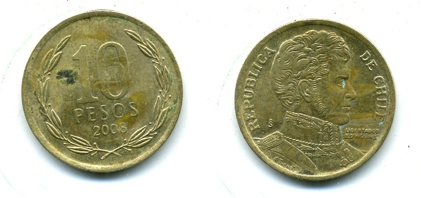 ЧИЛИ 10 ПЕСО 2008 ГЕНЕРАЛ БЕРНАРДО О ХИГГИНС KM 228.2 никель-бронза 37-334