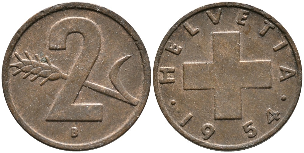 ШВЕЙЦАРИЯ 2 РАППЕНА 1954 В KM 47 бронза 4539-421