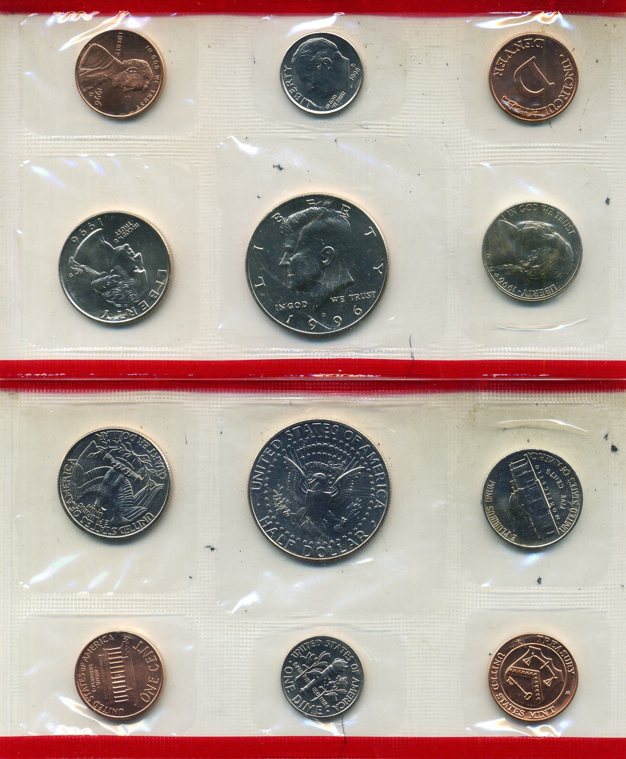 США набор из 5 монет (1, 5, 10 (дайм), 25 (квотер, 1/4 доллара) и 50 (1/2 доллара) центов) и отметки монетного двора 1996 D, в оригинальном конверте, в запайке KM MS160 (KM 201b, A192, 195a, 164a и A202b) UNC 7-7-20