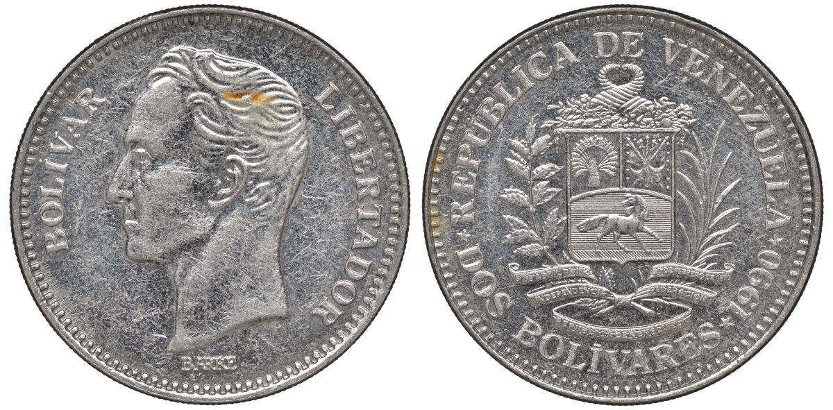 Венесуэла 2 боливара 1990 Y 43a сталь плакированная никелем 4607-222